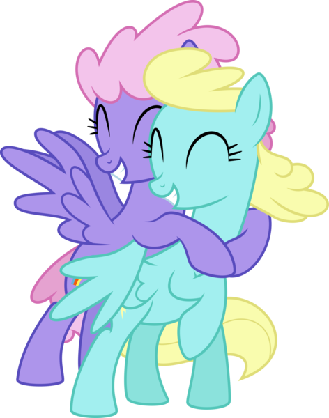 Size: 2874x3653 | Tagged: safe, artist:curvesandlines, derpibooru import, rainbowshine, sassaflash, pegasus, pony, background pony, duo, eyes closed, female, high res, hug, mare, raised hoof, simple background, smiling, transparent background, vector, windswept mane