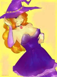 Size: 943x1280 | Tagged: suggestive, artist:monekochii, derpibooru import, adagio dazzle, human, equestria girls, breasts, choker, clothes, costume, dress, erect nipples, evening gloves, female, gem, gloves, hair over one eye, halloween, hat, holiday, humanized, long gloves, looking at you, nipple outline, off shoulder, smiling, socks, solo, striped socks, thigh highs, witch, witch hat
