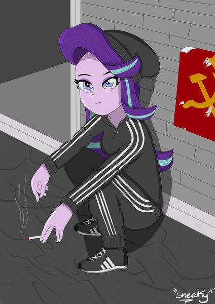 Size: 1024x1448 | Tagged: safe, artist:sneakycsgo, derpibooru import, starlight glimmer, equestria girls, beanie, cheeki breeki, cigarette, female, gopnik, hat, russia, slavic, smoking, solo, soviet union, squatting, stalin glimmer, tracksuit