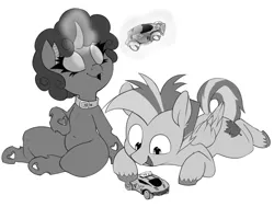 Size: 1280x967 | Tagged: safe, artist:whydomenhavenipples, derpibooru import, oc, oc:dazzling flash, oc:maple syrup, unofficial characters only, changeling, pegasus, pony, changeling oc, cute, duo, mapling, monochrome, rocket league