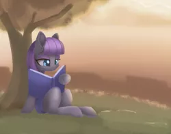 Size: 1650x1296 | Tagged: safe, artist:dusthiel, derpibooru import, maud pie, earth pony, pony, book, cheek fluff, clothes, ear fluff, eyeshadow, female, hoof hold, makeup, mare, reading, sitting, solo, tree