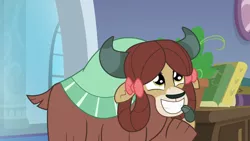 Size: 1280x720 | Tagged: safe, derpibooru import, screencap, yona, yak, a rockhoof and a hard place, season 8, spoiler:s08, bow, cloven hooves, cute, excited, excitement, female, friendship student, grin, hair bow, happy, image, monkey swings, png, smiling, solo, yonadorable