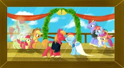 Size: 1793x980 | Tagged: safe, artist:karmadash, derpibooru import, apple bloom, applejack, big macintosh, bow hothoof, bright mac, granny smith, pear butter, rainbow dash, scootaloo, windy whistles, ghost, ghost pony, alternate hairstyle, bell, brightbutter, clothes, couple, crying, dress, farm, female, male, marriage, nuzzling, photo, rainbowmac, shipping, spirit pony, straight, wedding, wedding dress, wedding veil, windyhoof