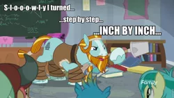 Size: 960x540 | Tagged: safe, derpibooru import, screencap, gallus, rockhoof, sandbar, yona, earth pony, pony, a rockhoof and a hard place, beard, caption, clothes, crouching, facial hair, hoof wraps, image macro, male, meme, moustache, rockhoof's shovel, shovel, silly, solo focus, stallion, text, the three stooges, very silly