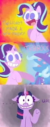 Size: 650x1647 | Tagged: safe, artist:alittleofsomething, derpibooru import, starlight glimmer, trixie, twilight sparkle, twilight sparkle (alicorn), alicorn, pony, unicorn, no second prances, comic, female, grin, happy, lineless, mare, smiling