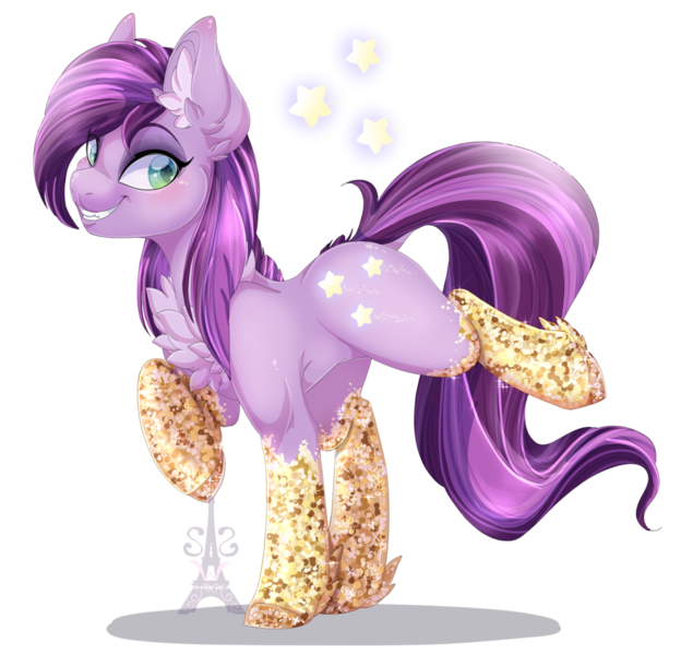 Size: 1024x968 | Tagged: safe, artist:silent-shadow-wolf, derpibooru import, oc, oc:glitter sweets, unofficial characters only, earth pony, pony, chest fluff, clothes, cutie mark, digital art, ear fluff, female, looking sideways, mare, purple hair, purple mane, purple tail, signature, simple background, smiling, socks, solo, transparent background