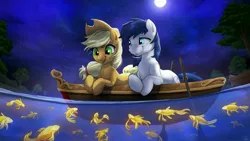 Size: 3200x1800 | Tagged: safe, artist:fidzfox, derpibooru import, applejack, oc, oc:constance everheart, fish, koi, pony, boat, canon x oc, everjack, female, full moon, lake, male, mare, moon, night, oar, rowboat, shipping, smiling, stallion, straight, tree