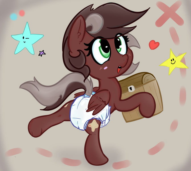 Size: 1106x989 | Tagged: safe, artist:lazynore, derpibooru import, oc, oc:red treasure, pegasus, pony, chest, cute, diaper, diaper fetish, fetish, map, pirate, smiling, stars