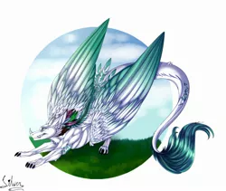 Size: 2373x2000 | Tagged: cheek fluff, chest fluff, derpibooru import, dragon, face down ass up, fangs, feather, feathered dragon, fluffy, grin, leg fluff, leonine tail, neck fluff, oc, oc:arculascrain, safe, shoulder fluff, smiling, solo, stretching, tail feathers, tail fluff, wing fluff