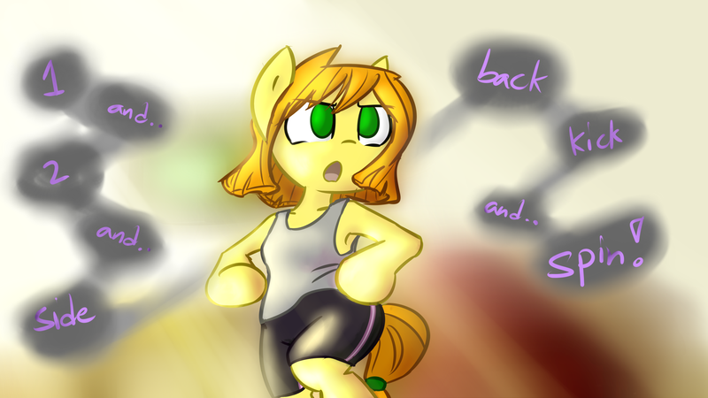 Size: 2732x1536 | Tagged: safe, artist:spheedc, derpibooru import, oc, oc:sweet corn, anthro, earth pony, semi-anthro, bipedal, blurred background, clothes, dancing, digital art, exercise, female, mare, solo, speech bubble