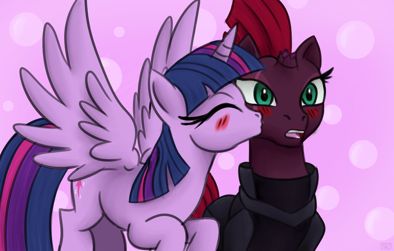 Size: 1516x968 | Tagged: alicorn, armor, artist:jcmx, blushing, derpibooru import, eyes closed, female, kissing, lesbian, my little pony: the movie, safe, shipping, surprised, tempestlight, tempest shadow, twilight sparkle, twilight sparkle (alicorn)