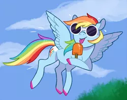 Size: 980x775 | Tagged: safe, artist:jellybeanbullet, derpibooru import, rainbow dash, pegasus, pony, flying, food, licking, popsicle, scene interpretation, solo, sunglasses, tongue out