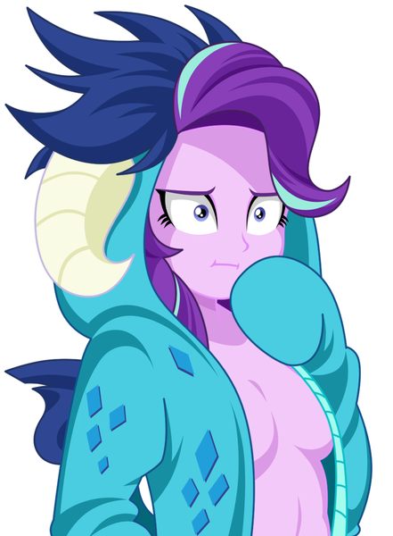 Size: 837x1140 | Tagged: suggestive, artist:rosemile mulberry, derpibooru import, princess ember, starlight glimmer, equestria girls, :i, absolute cleavage, bottomless, breasts, cleavage, clothes, female, hoodie, i mean i see, implied princess ember, naked hoodie, no bra underneath, no panties, no underwear, open clothes, partial nudity, simple background, solo, solo female, white background