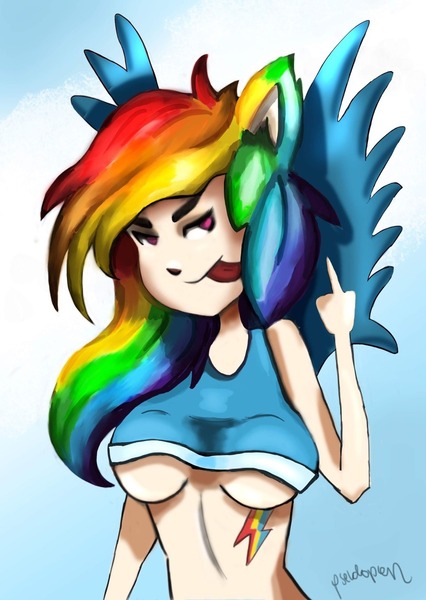 Size: 908x1280 | Tagged: suggestive, artist:pseudopan, derpibooru import, rainbow dash, human, breasts, busty rainbow dash, female, fuck you, humanized, middle finger, solo, solo female, tongue out, underboob, vulgar