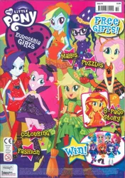 Size: 422x600 | Tagged: safe, derpibooru import, official, applejack, flash sentry, fluttershy, pinkie pie, rainbow dash, rarity, sci-twi, sunset shimmer, twilight sparkle, cat, equestria girls, cat ears, clothes, devil rarity, doll, equestria girls logo, equestria girls minis, female, halloween, hat, high heels, holiday, humane five, humane six, magazine, magazine cover, merchandise, pantyhose, platform shoes, ponied up, shoes, sleeveless, smiling, toy, witch, witch hat