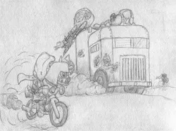 Size: 1776x1329 | Tagged: artist:smt5015, derpibooru import, desert, fallout equestria, gun, monochrome, motorcycle, pencil drawing, safe, shotgun, traditional art, truck, weapon, zebra