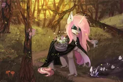 Size: 3000x2000 | Tagged: safe, artist:magicbalance, derpibooru import, oc, oc:tarot, unofficial characters only, classical unicorn, firefly (insect), insect, pony, unicorn, basket, cloak, clothes, cloven hooves, commission, crystal, curved horn, detailed background, digital art, digital painting, ear piercing, female, floppy ears, flower, forest, freckles, happy, horn, leonine tail, long mane, long tail, looking down, magic, mare, mushroom, palomino, piercing, pink mane, smiling, solo, tree, unshorn fetlocks, ych result