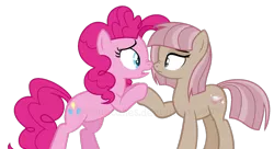 Size: 1260x683 | Tagged: safe, artist:ipandacakes, derpibooru import, pinkie pie, oc, oc:morganite, pony, female, offspring, parent:cloudy quartz, parent:igneous rock, parents:quartzrock, siblings, simple background, sisters, transparent background