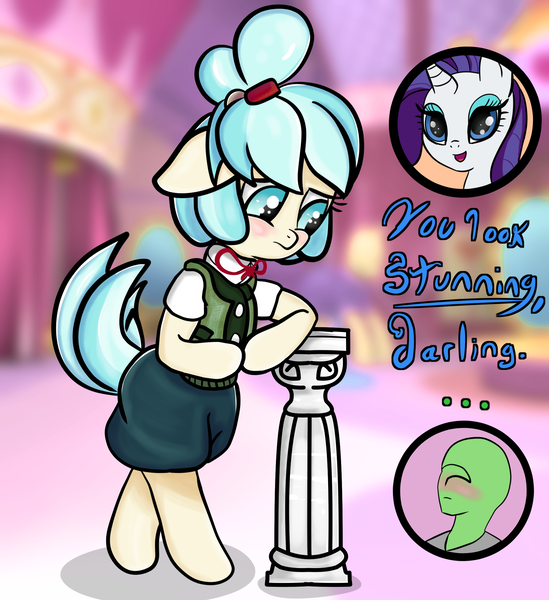 Size: 1920x2100 | Tagged: safe, artist:crimsonsky, derpibooru import, coco pommel, rarity, oc, oc:anon, earth pony, human, pony, /mlp/, 4chan, animal crossing, bipedal, blushing, carousel boutique, clothes, cocobetes, colored, cute, darling, dialogue, drawthread, floppy ears, isabelle, shy, standing, trio