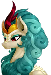 Size: 2276x3348 | Tagged: artist:thatonegib, backlighting, bust, crown, curly hair, cute, derpibooru import, eyeshadow, horn, jewelry, kirin, makeup, queen, rain shine, red eyes, regalia, safe, scales, shineabetes, simple background, solo, sounds of silence, striped horn, transparent background