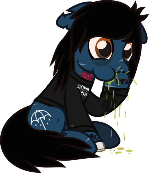 Size: 951x1107 | Tagged: suggestive, artist:lightningbolt, derpibooru import, ponified, ponified:oliver sykes, earth pony, pony, undead, zombie, zombie pony, .svg available, blood, blood stains, bloodshot eyes, bone, bring me the horizon, clothes, colored pupils, dripping, drop dead clothing, floppy ears, hair over one eye, hoof in mouth, long sleeves, male, nosebleed, puffy cheeks, rainbow blood, scar, shirt, sick, simple background, sitting, solo, stain, stallion, stitches, svg, tattoo, transparent background, urine, vector, vomit, vomiting