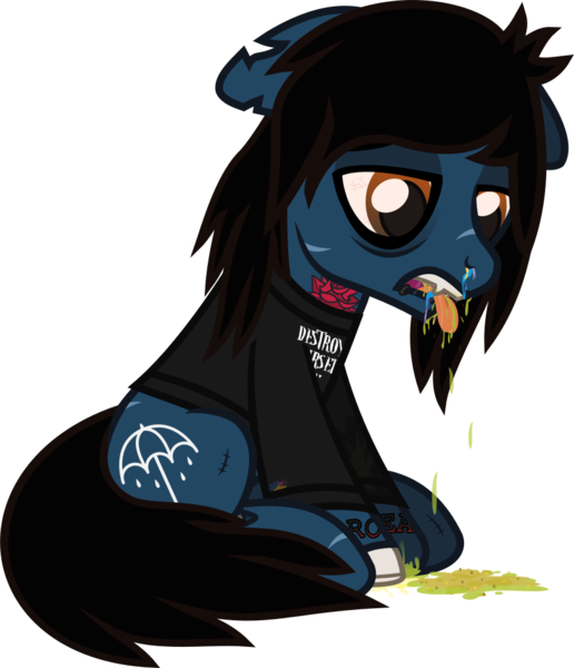 Size: 951x1107 | Tagged: suggestive, artist:lightningbolt, derpibooru import, ponified, ponified:oliver sykes, earth pony, pony, undead, zombie, zombie pony, .svg available, bags under eyes, blood, blood stains, bloodshot eyes, bone, bring me the horizon, clothes, colored pupils, dripping, drop dead clothing, fangs, floppy ears, hair over one eye, lidded eyes, lip piercing, long sleeves, male, nosebleed, piercing, rainbow blood, scar, shirt, sick, simple background, sitting, solo, stain, stallion, stitches, svg, tattoo, tongue out, transparent background, urine, vector, vomit, vomiting