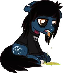 Size: 951x1107 | Tagged: suggestive, artist:lightningbolt, derpibooru import, ponified, ponified:oliver sykes, earth pony, pony, undead, zombie, zombie pony, .svg available, bags under eyes, blood, blood stains, bloodshot eyes, bone, bring me the horizon, clothes, colored pupils, dripping, drop dead clothing, fangs, floppy ears, hair over one eye, lidded eyes, lip piercing, long sleeves, male, nosebleed, piercing, rainbow blood, scar, shirt, sick, simple background, sitting, solo, stain, stallion, stitches, svg, tattoo, tongue out, transparent background, urine, vector, vomit, vomiting