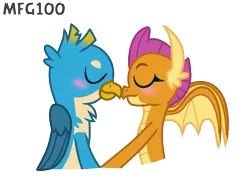 Size: 930x694 | Tagged: safe, artist:mixelfangirl100, derpibooru import, gallus, smolder, dragon, gryphon, blushing, cute, eyes closed, female, gallabetes, holding hands, male, nuzzling, shipping, simple background, smolderbetes, smollus, straight, transparent background
