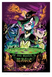 Size: 1800x2631 | Tagged: safe, artist:andypriceart, derpibooru import, idw, princess cadance, princess celestia, princess luna, alicorn, bat, cat, pony, spoiler:comic, spoiler:comic71, bedroom eyes, candle, cauldron, choker, clothes, collar, do you believe in magic?, female, halloween, hat, holiday, hood, hoof shoes, jack-o-lantern, looking at you, mare, moon, nightmare night, photo, pumpkin, skull, staff, top hat, trio, witch, witch hat