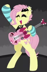 Size: 598x919 | Tagged: safe, artist:/d/non, derpibooru import, fluttershy, ponified, pony, equestria girls, equestria girls series, rollercoaster of friendship, alternate hairstyle, bad guitar anatomy, clothes, ear piercing, electric guitar, equestria girls ponified, eyes closed, female, flutterpunk, guitar, musical instrument, piercing, punk rock, smiling, solo