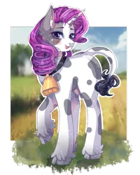 Size: 1108x1386 | Tagged: safe, artist:asttefany, derpibooru import, rarity, cow, :p, bell, blushing, cloven hooves, cowbell, female, raised hoof, raricow, silly, simple background, solo, species swap, tongue out, transparent background, udder