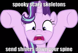 Size: 1000x684 | Tagged: safe, artist:cloudyglow, derpibooru import, edit, editor:axal-5, starlight glimmer, pony, unicorn, road to friendship, black background, female, halloween, holiday, mare, open mouth, simple background, solo, song reference, spooky, spooky scary skeletons, text, text edit, uvula, vector, wide eyes