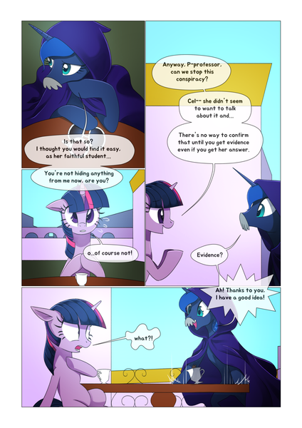 Size: 1024x1448 | Tagged: safe, artist:gashiboka, derpibooru import, princess luna, twilight sparkle, alicorn, pony, unicorn, comic:scar of solar, canterlot, canterlot castle, cloak, clothes, comic, cup, dialogue, disguise, fake moustache, female, food, glasses, mare, sitting, tea, teacup, unicorn twilight