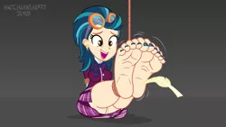 Size: 3999x2249 | Tagged: suggestive, artist:metalhead97, derpibooru import, indigo zap, equestria girls, arm behind back, barefoot, big breasts, bondage, breasts, clothes, curves, curvy, feather, feet, fetish, foot fetish, foot focus, gradient background, image, indigosub, large butt, laughing, nail polish, offscreen character, panties, perspective, png, pov, rope, rope bondage, show accurate, soles, tickling, toes, underwear, wrinkles