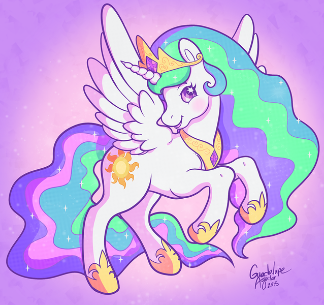 Size: 1064x1000 | Tagged: safe, artist:dolcisprinkles, derpibooru import, princess celestia, alicorn, pony, female, g2, g4, g4 to g2, generation leap, hoof shoes, jewelry, looking at you, mare, rearing, regalia, solo, sparkles, starry eyes, style emulation, wingding eyes