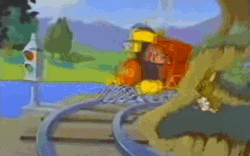 Size: 609x381 | Tagged: safe, derpibooru import, screencap, steamer (g1), pony, rabbit, animal, animated, big brother ponies, commercial, cow catcher, eyes closed, g1, gif, male, rocking, solo, tracks, traditional animation, train, wheeeee