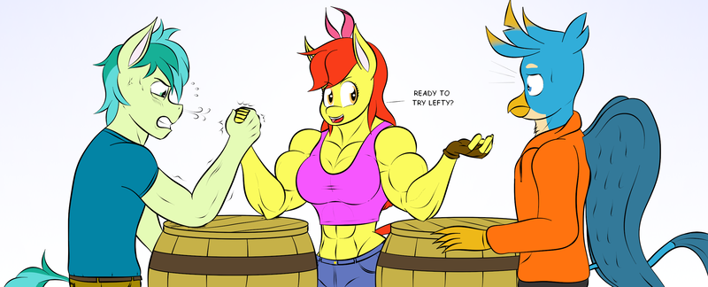 Size: 2599x1052 | Tagged: safe, artist:matchstickman, derpibooru import, apple bloom, gallus, sandbar, anthro, earth pony, gryphon, abs, apple brawn, arm wrestling, barrel, biceps, breasts, busty apple bloom, clothes, deltoids, dialogue, female, fingerless gloves, gloves, gradient background, male, mare, matchstickman's apple brawn series, muscles, older, older apple bloom, older gallus, older sandbar, shirt, short jeans, snorting, sports bra, stallion, sweat, sweater, trio