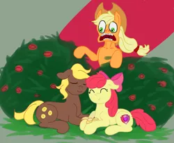 Size: 852x702 | Tagged: safe, artist:marea, derpibooru import, apple bloom, applejack, oc, unnamed oc, earth pony, pony, banana, bananabloom, canon x oc, colt, dishonorapple, faic, female, filly, food, male, shipping, straight