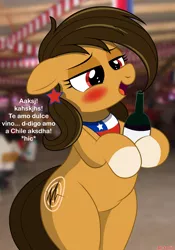 Size: 2796x4000 | Tagged: safe, artist:an-tonio, derpibooru import, oc, oc:chilenia, ponified, unofficial characters only, earth pony, pony, alcohol, bipedal, blushing, chile, chubby, drunk, female, floppy ears, holding, mare, nation ponies, open mouth, smiling, socks (coat marking), solo, spanish, text, wine, wine bottle