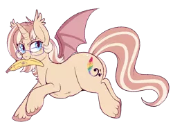 Size: 900x668 | Tagged: safe, artist:lulubell, derpibooru import, oc, oc:lulubell, unofficial characters only, alicorn, bat pony, bat pony alicorn, banana, bat wings, chubby, food, horn, race swap, simple background, solo, transparent background, wings