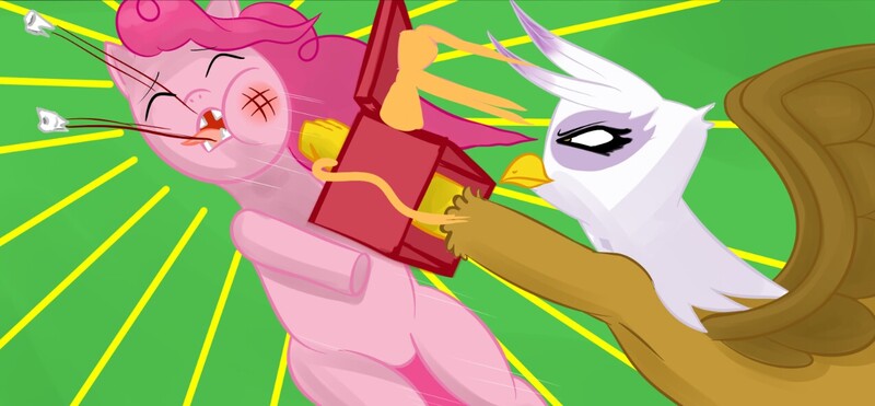 Size: 1275x591 | Tagged: semi-grimdark, artist:metalforever, derpibooru import, gilda, pinkie pie, gryphon, abuse, blood, cropped, pinkiebuse, punch, teeth