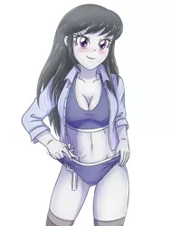 Size: 2728x3637 | Tagged: suggestive, artist:sumin6301, derpibooru import, octavia melody, equestria girls, blushing, breasts, busty octavia, cleavage, clothes, female, gun, handgun, image, jpeg, revolver, shirt, simple background, socks, solo, sports bra, thigh highs, unbuttoned, weapon, white background