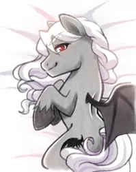 Size: 900x1130 | Tagged: suggestive, artist:yokokinawa, derpibooru import, oc, oc:dracula, bat pony, vampire, vampony, bed, laying on bed, lying, male, on bed, red eye, stallion