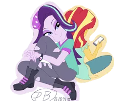 Size: 1024x848 | Tagged: safe, artist:dawnbrightglint, derpibooru import, starlight glimmer, sunset shimmer, equestria girls, beanie, hat, mobile phone, phone, simple background, sitting, smartphone, smiling, transparent background