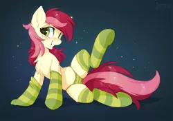 Size: 1280x899 | Tagged: suggestive, artist:hioshiru, derpibooru import, roseluck, earth pony, pony, blushing, cameltoe, clothes, female, green underwear, heart eyes, panties, smiling, socks, solo, solo female, striped socks, striped underwear, thigh highs, underwear, wingding eyes