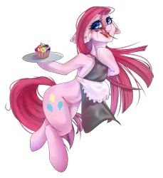 Size: 2000x2185 | Tagged: grimdark, artist:jun1313, derpibooru import, pinkie pie, earth pony, pony, fanfic:cupcakes, apron, bipedal, blood, clothes, cupcake, cutie mark, eyeball, female, floppy ears, food, hoof hold, hoof on chest, implied murder, looking at you, mare, open mouth, pinkamena diane pie, platter, rainbow cupcake, simple background, stray strand, transparent background