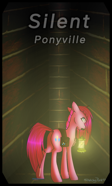 Size: 720x1198 | Tagged: safe, artist:sketchykohaidraws, derpibooru import, pinkie pie, earth pony, pony, fanfic:silent ponyville, bag, cutie mark, female, floppy ears, lantern, looking up, mare, mouth hold, pinkamena diane pie, saddle bag, silent hill, solo