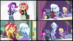 Size: 1030x581 | Tagged: safe, artist:themexicanpunisher, derpibooru import, edit, screencap, fuchsia blush, lavender lace, starlight glimmer, sunset shimmer, trixie, equestria girls, equestria girls series, forgotten friendship, mirror magic, rainbow rocks, spoiler:eqg specials, comparison, female, geode of empathy, lesbian, magical geodes, reaction image, shimmerglimmer, shipping, suntrix