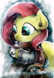 Size: 2394x3425 | Tagged: safe, artist:mashiromiku, derpibooru import, fluttershy, pegasus, pony, clothes, coffee, cup, cute, female, hoof hold, looking away, looking down, mare, mug, scarf, shyabetes, solo, steam, traditional art, watercolor painting, winter, winter outfit