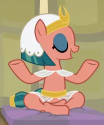 Size: 315x379 | Tagged: safe, derpibooru import, screencap, somnambula, pony, a rockhoof and a hard place, cropped, eyes closed, eyeshadow, female, lotus position, makeup, mare, meditating, omnambula, solo